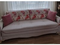 Mondi Pembe Kadife Çiçek Desenli Avangart Oturma Takımı 3+2
