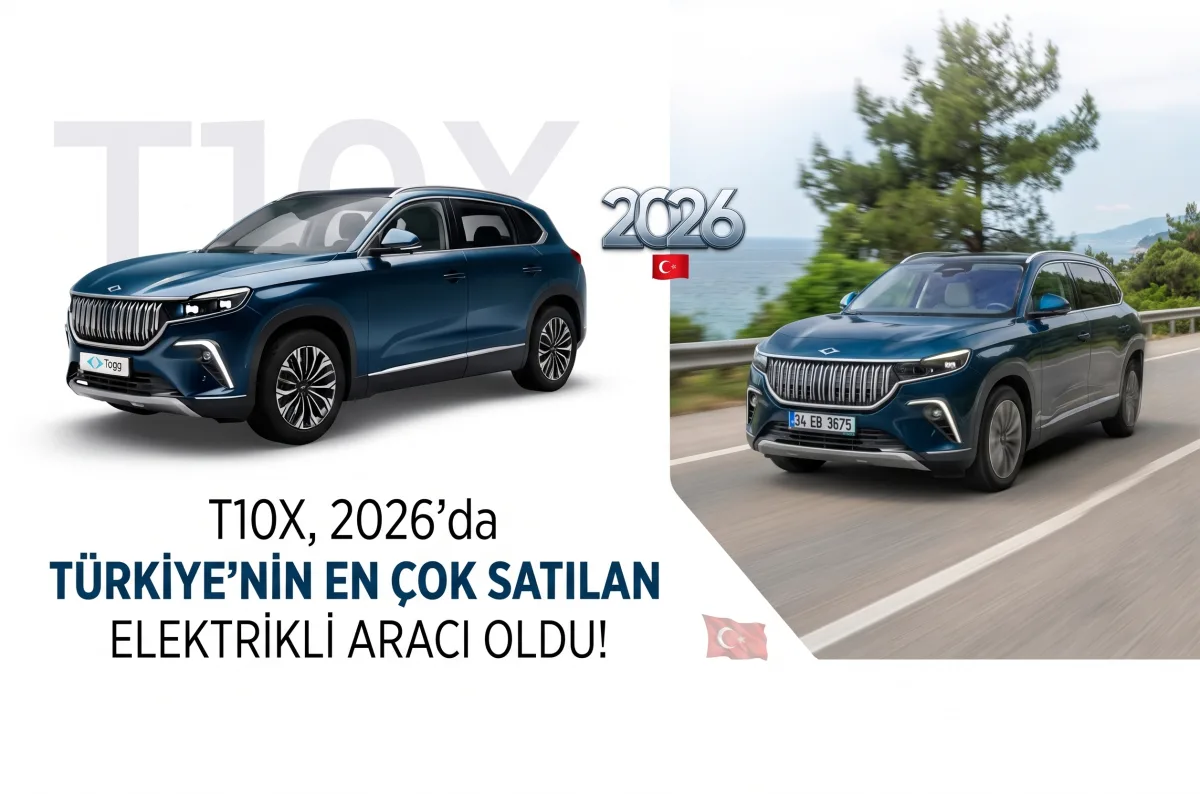 Togg T10X stüdyo çekimi ve yol sürüş görseli yanında 'T10X, 2026'da Türkiye'nin en çok satan elektrikli aracı oldu!